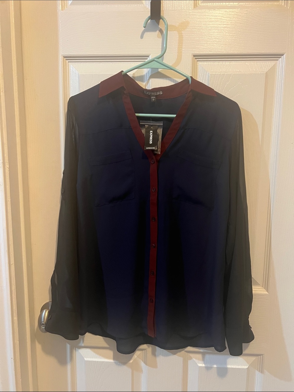 Express Navy Blouse with Burgundy Trim Button-Down
